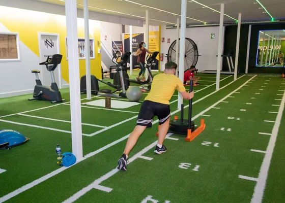 Lantai olahraga rumput sintetis cokelat yang nyaman untuk taman latihan kebahagiaan gym rumput mat